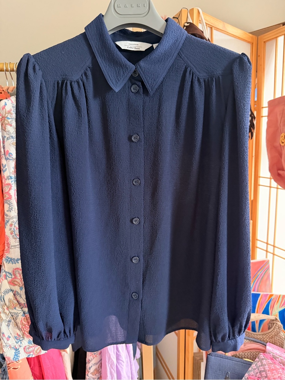 & Other Stories Navy Textured Puff Sleeve Blouse Size 8